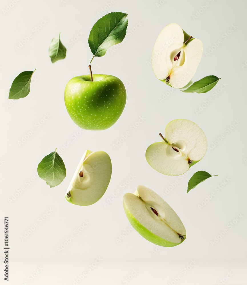 fresh green apple slices and whole fruit with leaves floating in the air on white background fresh green apple slices and whole fruit with leaves floating in the air on white background