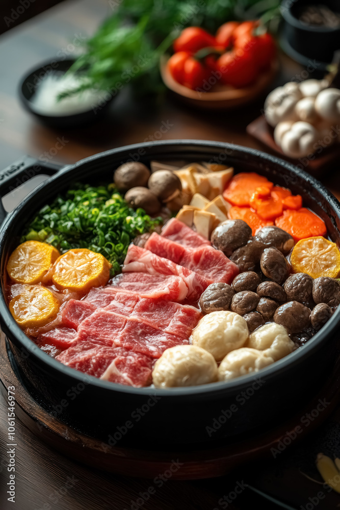 sukiyaki japanese hot pot with beef, vegetables, and mushrooms sukiyaki japanese hot pot with beef, vegetables, and mushrooms