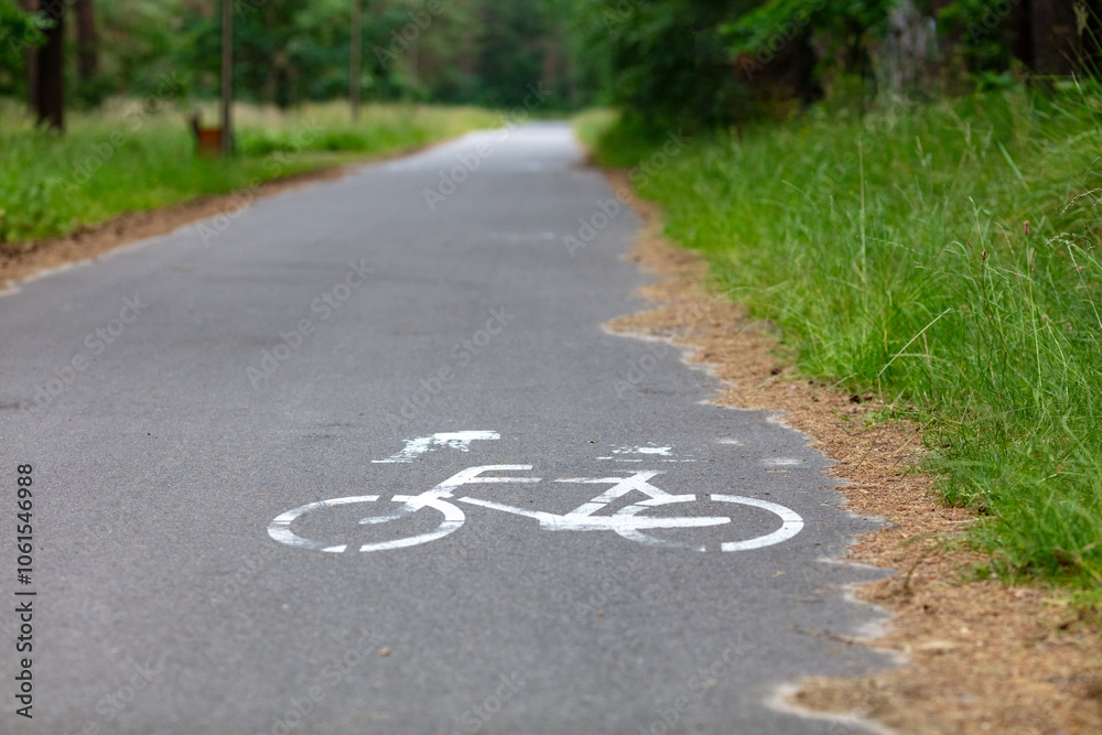 Obraz premium Serene Forest Path with Bike Lane Marking for Tranquil Outdoor Cycling Adventure