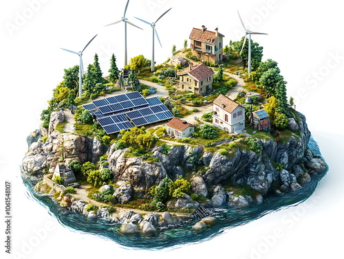 3D illustration of solar panels and wind turbin photo