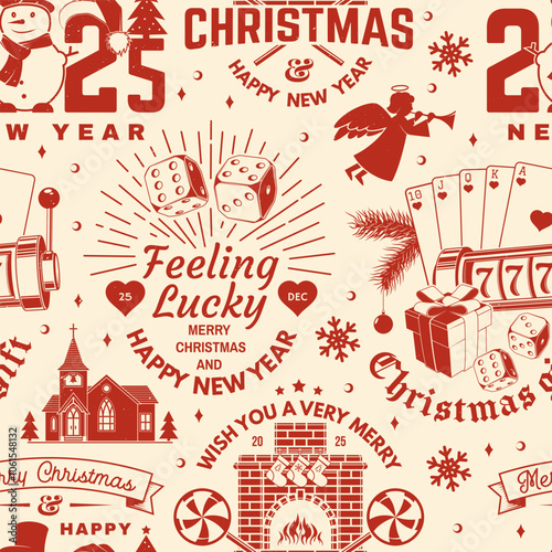Merry Christmas and Happy New Year seamless pattern with snowflakes, hanging christmas ball, casino dice, fireplace, poker playing card, slot machines, sweet candy cane. Vector. Christmas background.