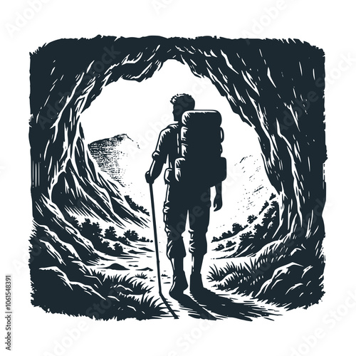 Adventurer carrying a bag inside a cave. Black white vector illustration.