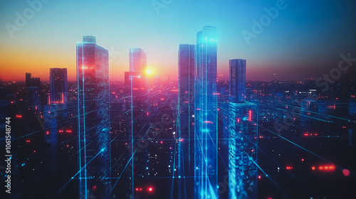 Smart digital city with connection cyber security network reciprocity over the cityscape . future smart wireless digital city and social media networking systems that connects people within the city