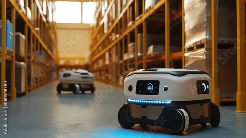 Robots collaborating in warehouse, automated system, futuristic logistics