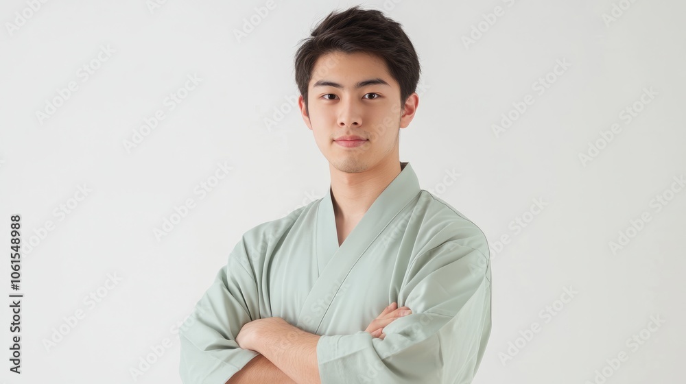 Young asian engineer in a light green robe stands confidently with his arms crossed and looking at the camera Isolated on white background