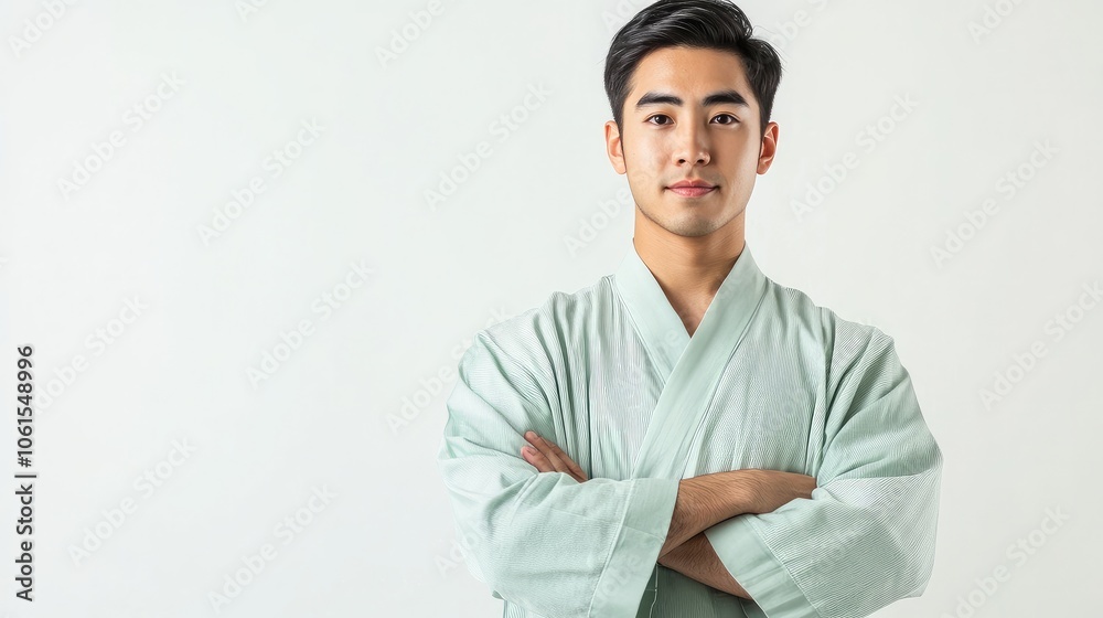 Young asian engineer in a light green robe stands confidently with his arms crossed and looking at the camera Isolated on white background Young asian engineer in a light green robe stands confidently with his arms crossed and looking at the camera Isolated on white background