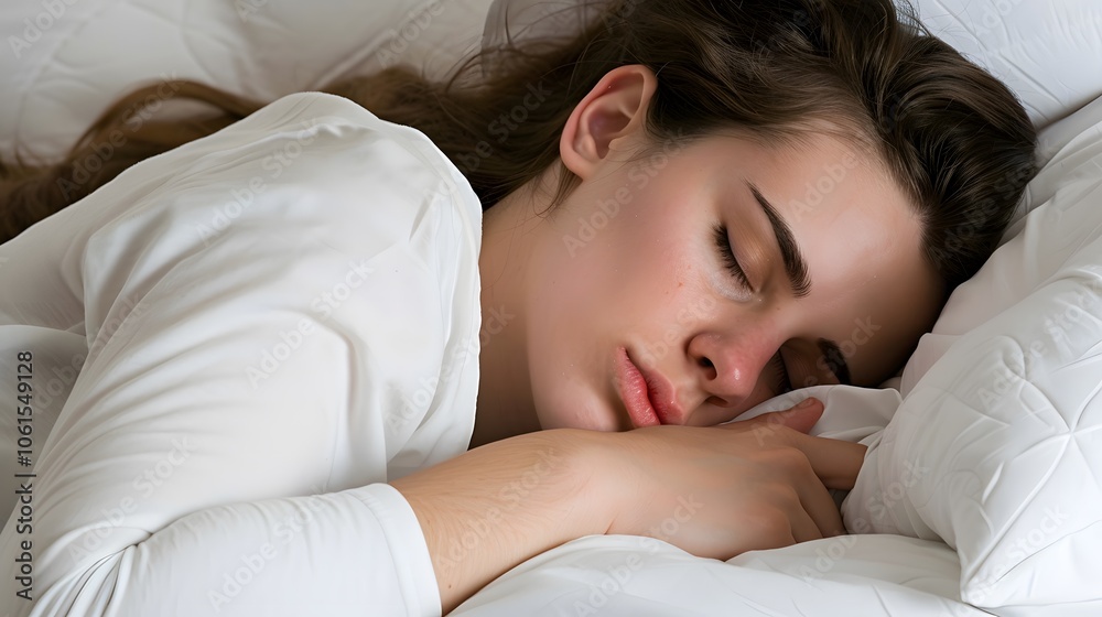 A Woman Struggling with Insomnia, Surrounded by Soft Pillows. Insomnia, sleep disorder,restless, discomfort, stress, anxiety A Woman Struggling with Insomnia, Surrounded by Soft Pillows. Insomnia, sleep disorder,restless, discomfort, stress, anxiety