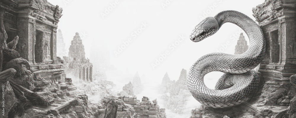 Obraz premium A surreal scene featuring a large snake entwined among ancient ruins in a misty landscape.