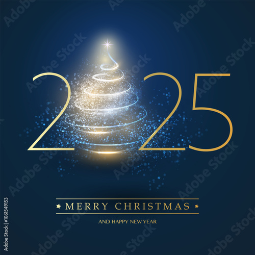 Dark Christmas and New Year Card Background Design with Glowing Christmas Tree Shape, Snow, Snowflakes and Golden Numerals - Illustration in Editable Vector Format - 2025