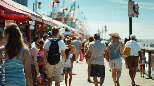 A lively boardwalk scene bustles with diverse people enjoying a sunny day by the sea, flags fluttering overhead. photo