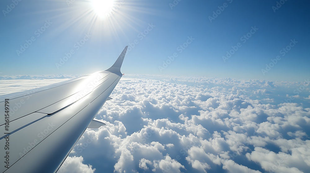 Fototapeta premium Scenic View from an Airplane Wing Over Soft Clouds with Bright Sunlight Illuminating the Sky