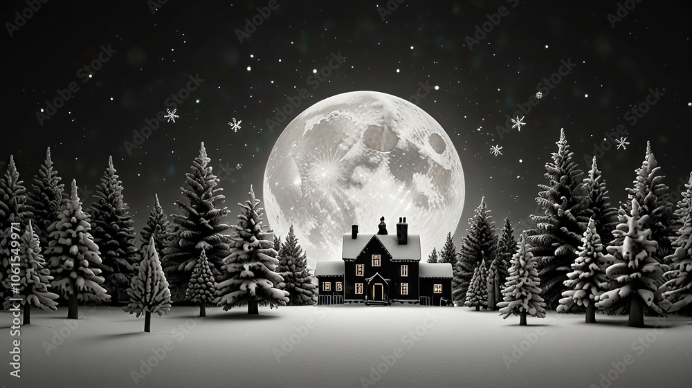 Naklejka premium Winter Night Scene with House and Full Moon