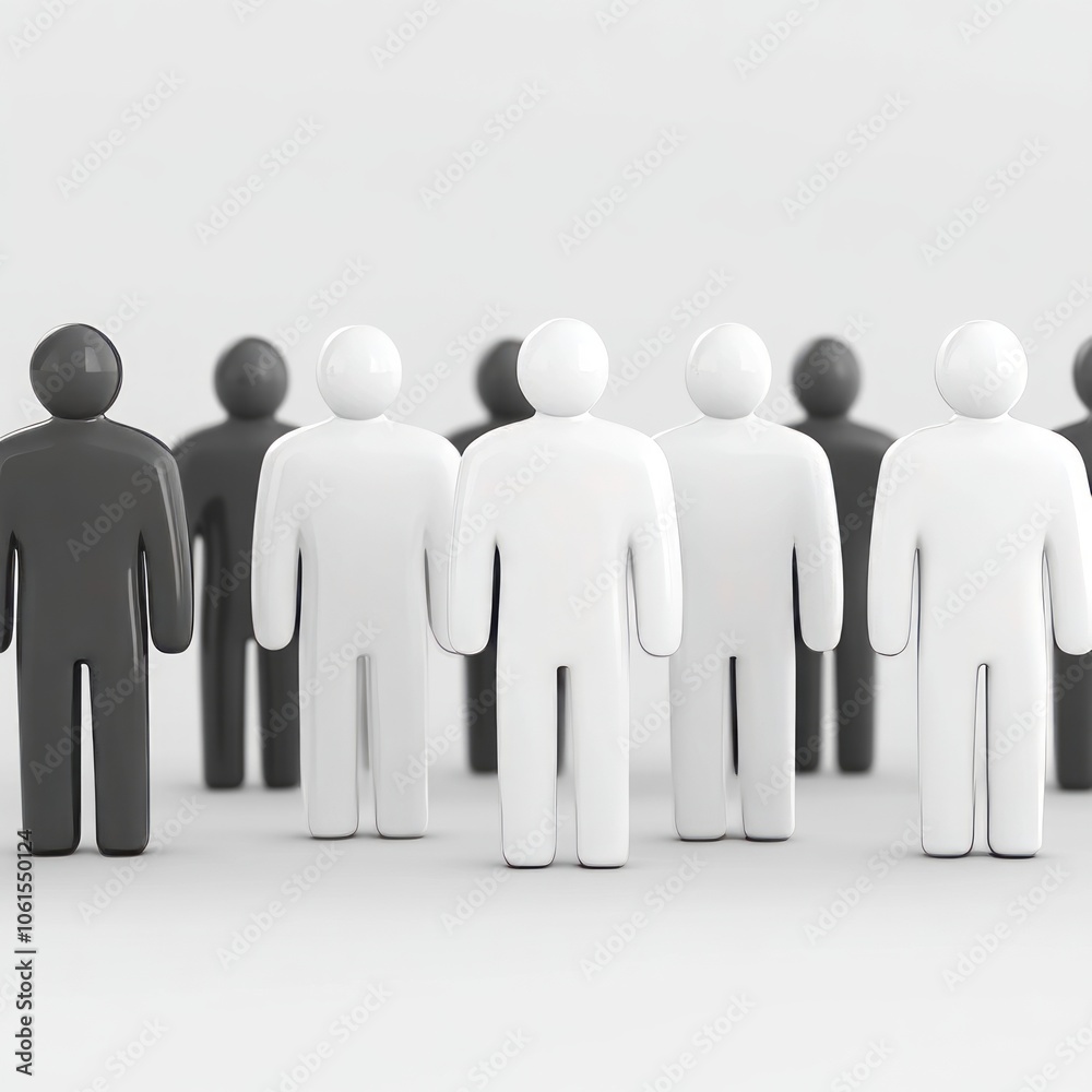 A group of white and black 3D people standing in a line. A group of white and black 3D people standing in a line.