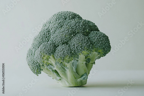 Single piece of broccoli on white surface. photo