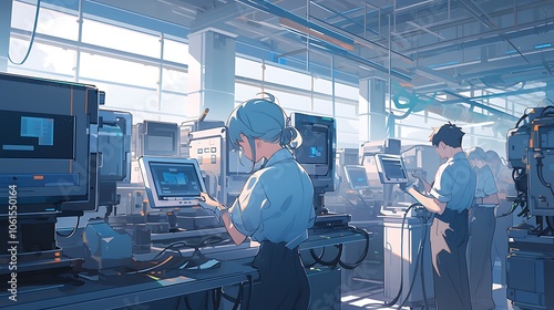 high-tech electronics factory workers, colorful anime style