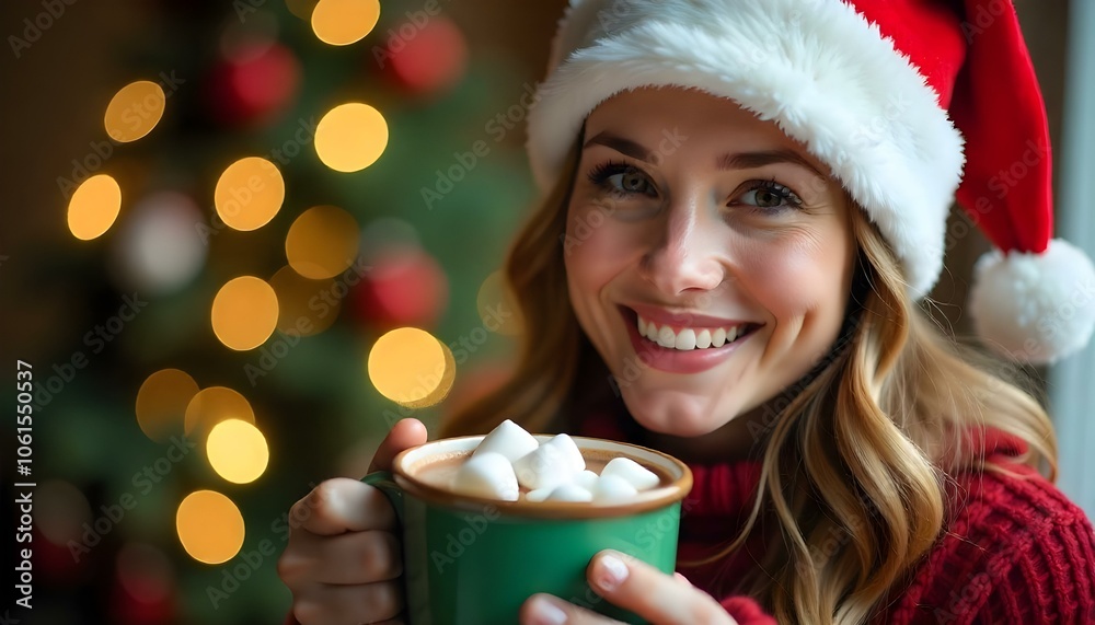 Woman wearing a Santa hat and a mug of hot cocoa with marshmallows with a Christmas decorations background for copy space Woman wearing a Santa hat and a mug of hot cocoa with marshmallows with a Christmas decorations background for copy space