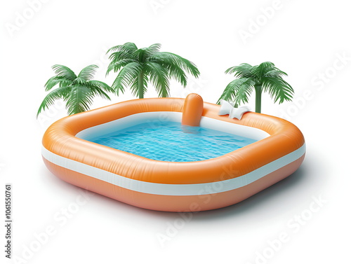 A 3D rendering displays a blue portable outdoor round swimming pool with white background photo