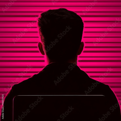 Silhouette of a man sitting in front of a laptop against a pink striped background.