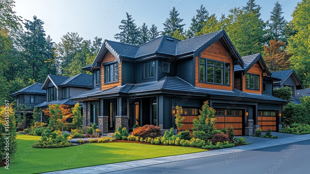 Detailed suburban neighborhood featuring large homes with landscaped lawns, shown on a clear background. Detailed suburban neighborhood featuring large homes with landscaped lawns, shown on a clear background.