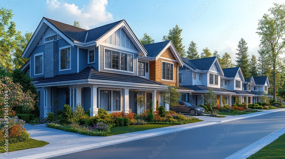Detailed townhouses in a modern housing community, isolated on a white background. Detailed townhouses in a modern housing community, isolated on a white background.