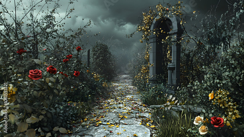 A spooky garden with an assortment of deadly nightshade and thorny roses.