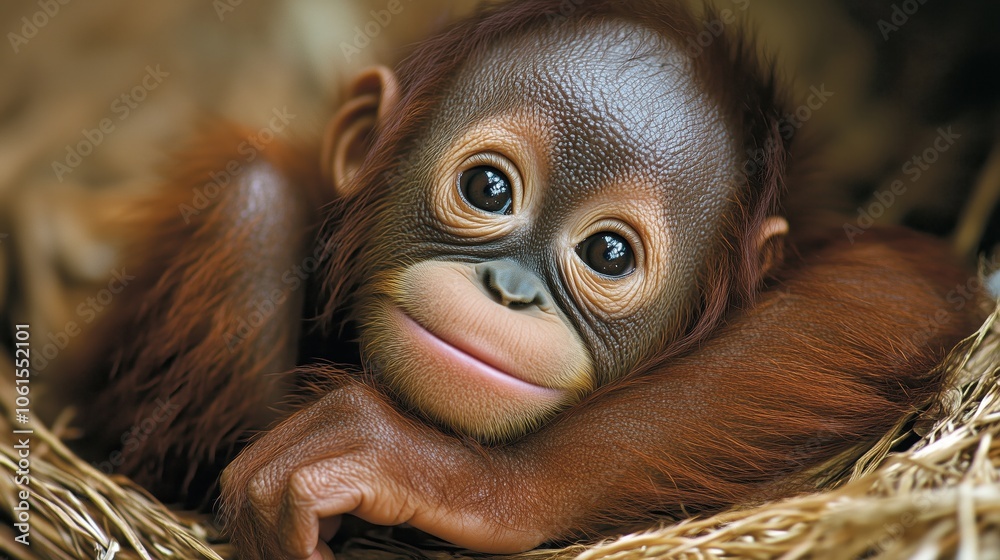 Fototapeta premium A baby orangutan is laying down and smiling. Concept of innocence and happiness