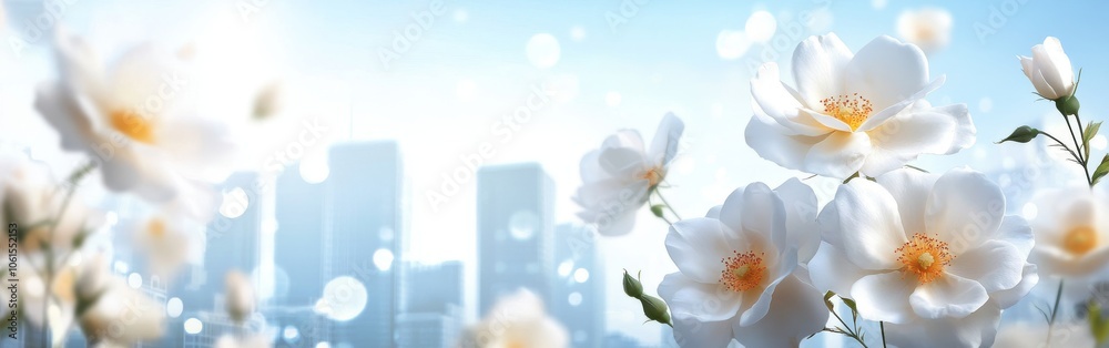 Elegant white wild roses in full bloom against a clear blue sky Elegant white wild roses in full bloom against a clear blue sky