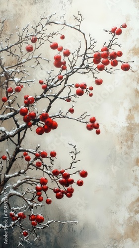 snowcovered board frame adorned with frosty branches and red berries creating a serene winter scene with ample copy space for festive messages or holiday greetings