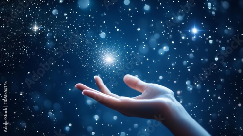 A hand reaching for a distant star in the night sky, capturing belief and hope for something greater photo