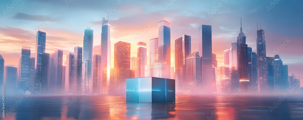 Beautiful city skyline at sunset with a luminous cube in the foreground, reflecting the vibrant colors of the sky. Beautiful city skyline at sunset with a luminous cube in the foreground, reflecting the vibrant colors of the sky.