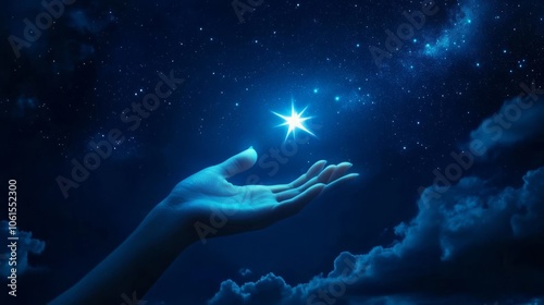 A hand reaching for a distant star in the night sky, capturing belief and hope for something greater
