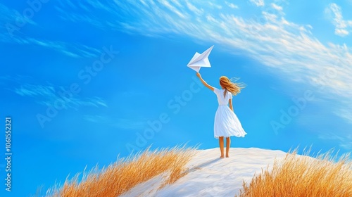 A girl standing on a windswept hill, holding a paper plane, representing dreams and ambition.