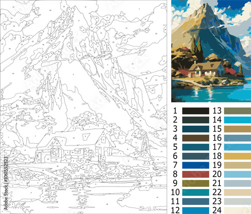 house and mountain, coloring page by number for adult, intermediate level