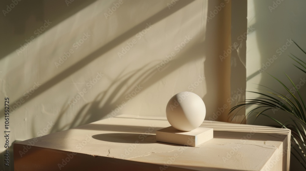 Minimalistic sphere art piece on sunlit surface, casting artistic shadows in an elegant, peaceful setting. Minimalistic sphere art piece on sunlit surface, casting artistic shadows in an elegant, peaceful setting.