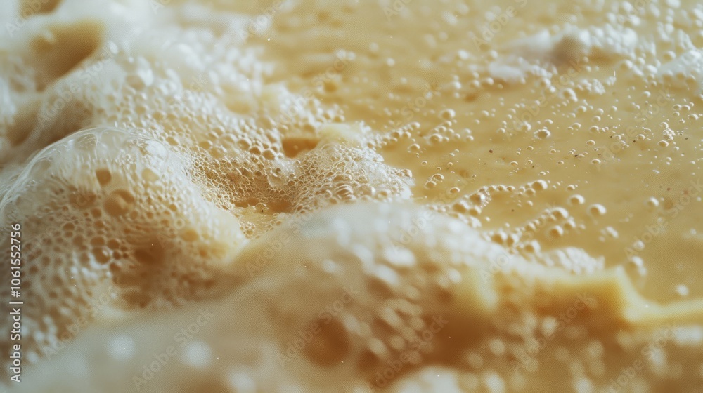 Bubbly dough mixture close-up, showcasing texture and airiness, hinting at the beginning of a delicious baking process. Bubbly dough mixture close-up, showcasing texture and airiness, hinting at the beginning of a delicious baking process.