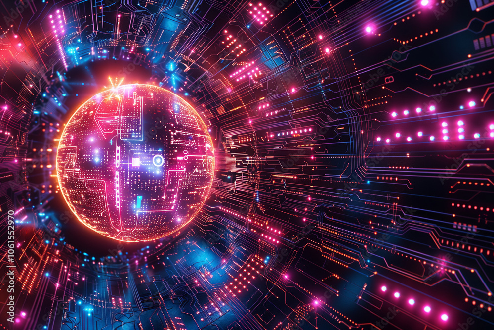 Obraz premium Rendering of abstract technology background. Perspective circuit board with glowing energy at center and wire frame mesh global sphere. For communication, ai, or crypto currency
