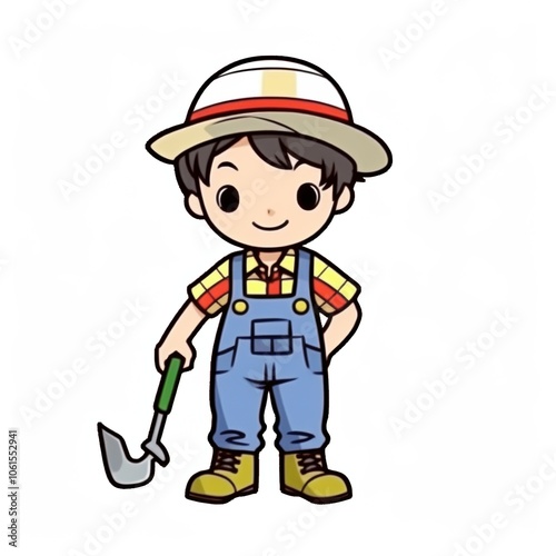 Cartoon character in overalls with a spade, ready for gardening fun.