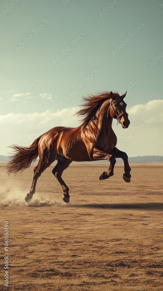 A majestic brown horse galloping across an open landscape under a clear sky. A majestic brown horse galloping across an open landscape under a clear sky.