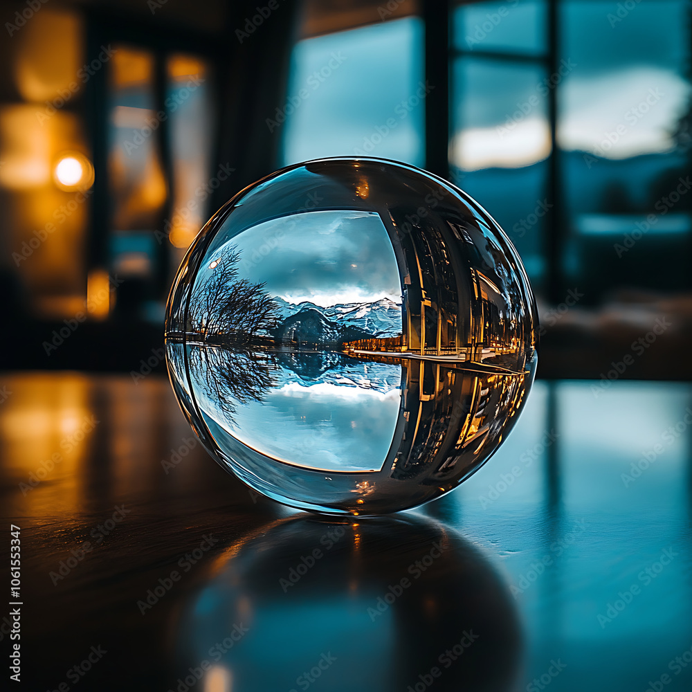 A glass globe containing a reflection of a mountain landscape, positioned on a wooden table. A glass globe containing a reflection of a mountain landscape, positioned on a wooden table.