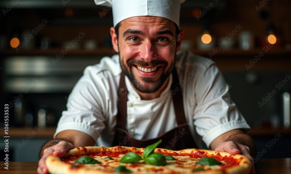 A cheerful chef with a bright smile is proudly holding a delicious pizza in his hands, showcasing his culinary creation A cheerful chef with a bright smile is proudly holding a delicious pizza in his hands, showcasing his culinary creation