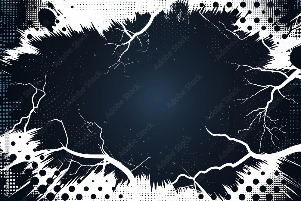 Superhero comic book frame background, center opening with halftone print texture transparent smooth blend effect, lightning struck, separate layers vector