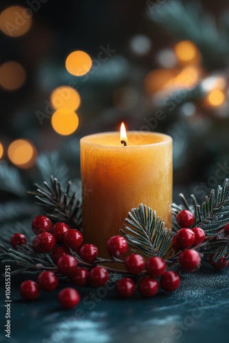 Wallpaper Mural Candle with Holiday Berries and Blurred Background. Torontodigital.ca