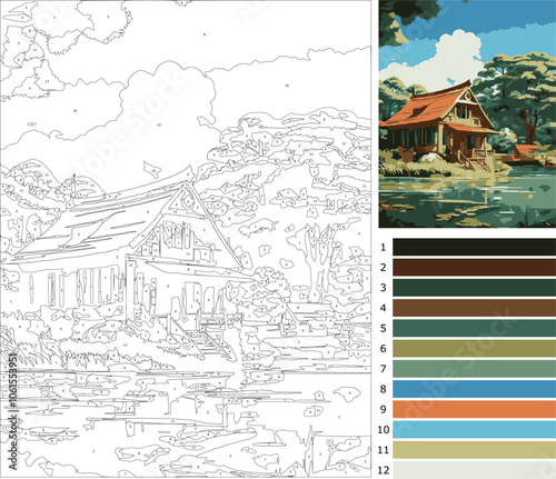 a house and forest, coloring page by number for adult, beginner level with 12 colors guide