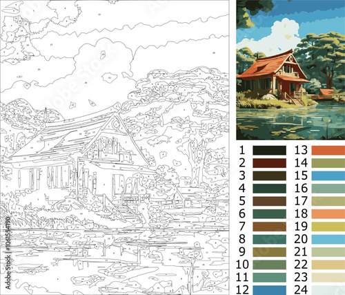 a house and lake illustration, coloring page by number for adult, Intermediate level