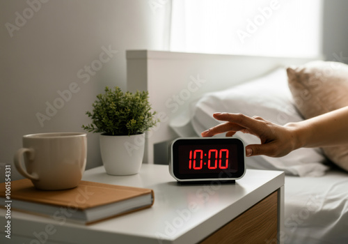 Person reaching out to turn off alarm clock at 10 AM in a cozy bedroom with a cup of coffee and a plant nearby photo