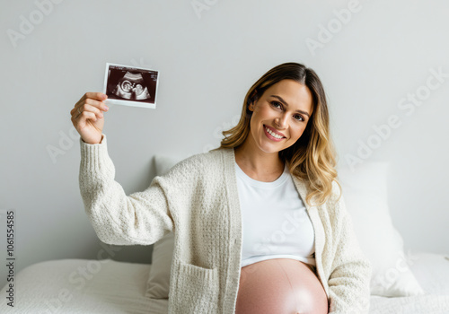 Smiling pregnant woman holding ultrasound picture in cozy bedroom during third trimester photo