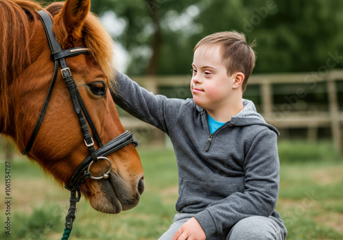 A young boy with Down Syndrome interacts with a gentle pony in a serene outdoor setting during sunny weather