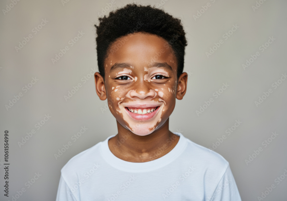 A joyful child with vitiligo smiles brightly against a neutral background while wearing a white shirt A joyful child with vitiligo smiles brightly against a neutral background while wearing a white shirt