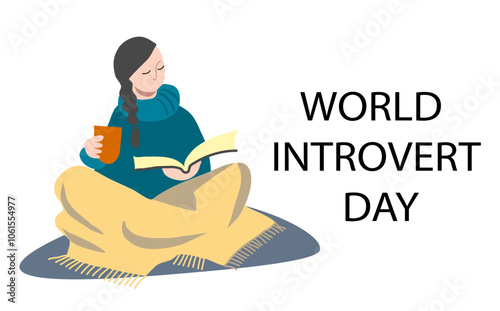 World introvert day banner with girl reading book at home