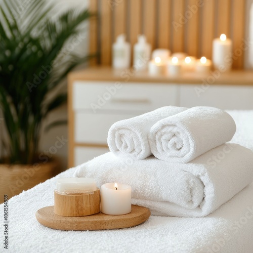 Spa Setting with Towels and Candles for Relaxation